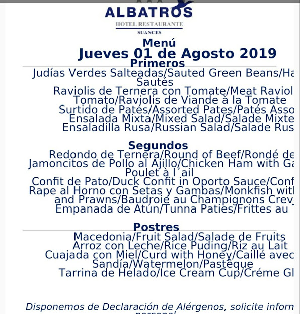 Menu Del Dia De Agosto En Hotel Arha Albatros Suances Arha Hoteles